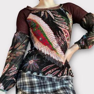 Vintage Y2K Red Abstract Mesh Semi Sheer Long Sleeve Top M